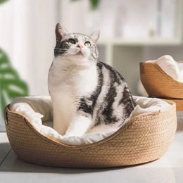 Cat Beds Furniture Pet Bed Soft Cat Kennel Dog Beds Sofa Bamboo Weaving Four Season Cosy Nest Baskets Waterproof Removable Cushion Sleeping Bag