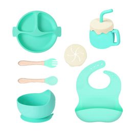 Cups, Dishes Children's silicone meal plate set of 7 pieces, baby partition meal plate, feeding bib, water cup, fork spoon, complementary food bowl, tableware Baby Feeding