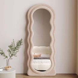 Honyee Full Length Wall Mirror with Flannel Wrapped Wooden Frame - Irregular Wavy Design - Perfect for Cloakroom or Bedroom - Hanging or Leaning Option Available