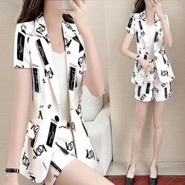 Women's Tracksuits Suit 2024 Summer Clothes Fashion Korean Style White Pattern Printed Jacket Coat Top Shorts 2 Two Piece Set For Women