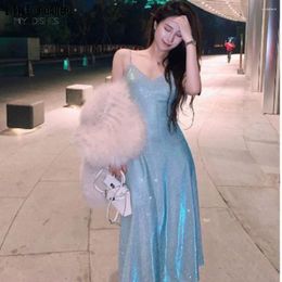 Casual Dresses Summer Glitter Pink Light Blue Night Party Spaghetti Strap For Women Elegant Women's Holiday Midi