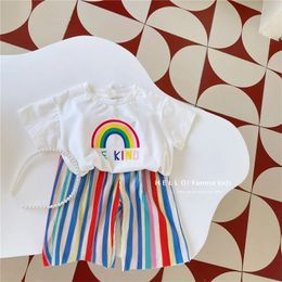 Baby Summer Set Childrens Tops and Bottoms Suit Girls Cute ShortSleeved TShirt Rainbow Pleated Pants TwoPiece 12M8Y 240426
