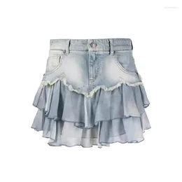Skirts Design Sensitive Mesh Patchwork Denim Summer American Spicy Girl High Waisted Slim Ruffled Edge Short Skirt For Women