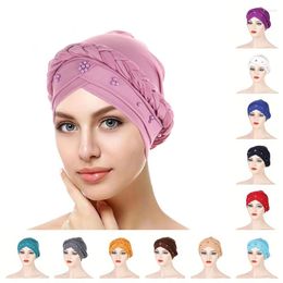 Ethnic Clothing Beads Decor Braided Turban Cap Solid Color Elastic Hijab Hat Lightweight Head Wraps Women Chemo Bonnet