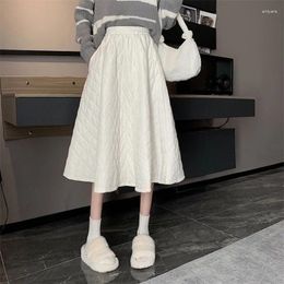 Skirts Xpqbb Fall Winter Add Cotton Women's A-Line Black Whiter Elastic High Waist Long Skirt Female Thicken Warm Pleated