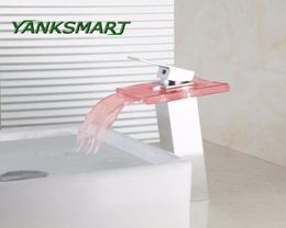 Bathroom Sink Faucets YANKSMART LED Light Waterfall Glass Chrome Tall 3 Colors Square Deck Mounted Basin Faucet Torneira Mixer Tap6536916