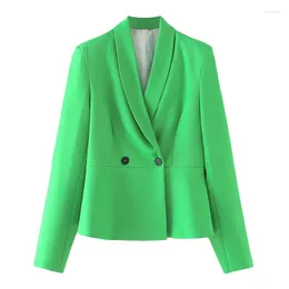 Women's Suits Spring Autumn Korean Women Green Short Suit Jacket Notched Collar Double-breasted Long Sleeve Female Blazers Coat Streetwear