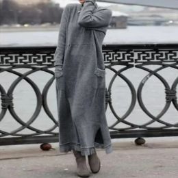 Dresses 2024 Spring Women's Winter Dress Fleece Black Long Sleeve Oversize Long Dresses Female Warm Sweatshirt Dresses Clothing Ladies