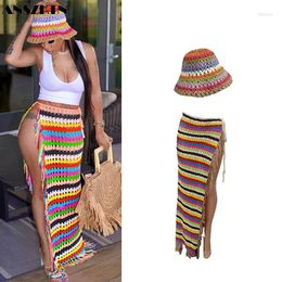 Skirts ANSZKTN Women's Summer Fashion High Waist Hollow Out Lace-up Beach Cardigan Colorful Tassel Knitted Long Skirt