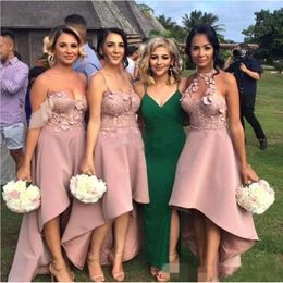 Lågrosa brudtärna klänningar Hög 2020 Halter Spaghetti Straps Sweetheart Satin 3d Floral Applique Maid of Honor Gown Garden Wedding Wear