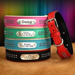 Collars Personalised Real Leather Dog Collar Crystal Rhinestone Soft Collars Necklace Customised ID Name For Small Medium Large Dogs Pug