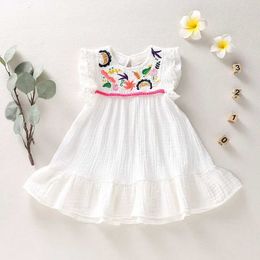 Girl's Dresses Infant Baby Girls Cotton Linen Dresses Pleated Short Sleeve Delicate Embroidery Swing White Dress Summer Leisure DressL2405