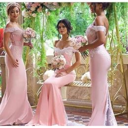 BrideMaid Pink Dree Off Mermaid The Should Strap Ruffle Floor Length Lace Applique Ruched Sleevele Satin Cutom Made Plu Size Maid of Honor