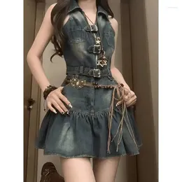 Work Dresses 2024 Fashion Denim Suit Skirt Retro Chic Summer Sleeveless Short Top High Waist Pleated Outfit