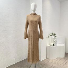 Casual Dresses 2024 Women Collection Spring Summer Nude Colour Long Sleeve Diamonds Pressed Turtleneck Mermaid Tube Midi Dress For Party