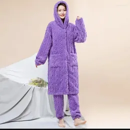 Women's Sleepwear 2024 Ladies Winter Warm Plus Velvet Padded Hooded Suit Men Pajamas Wear Residential Flannel Fashion Casual Long