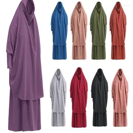 Ethnic Clothing Women Muslim 2 PC Set Solid Colour Plus Long Sleeve Thobe One-size Longuette Overall Abaya With Hoodied Hijab