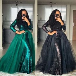 Sequins 2020 Prom Detachable With Modest Dresses Train Tulle A Line Jewel Neck Long Sleeves Custom Made Black Girl Evening Gown