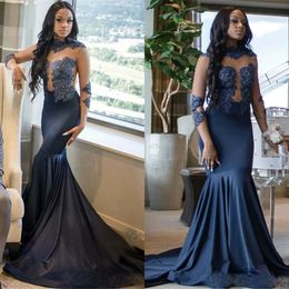 Neck Mermaid Sheer Blue Prom Jewel Navy Long Sleeve Lace Applique Beaded African Formal Party Gowns Slim Fit Sexy Evening Dresses