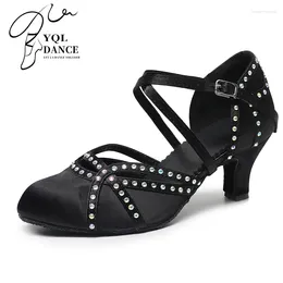 Dance Shoes Girls Black Closed Toe Latin Woman Rhinestone Bachata Salsa Dancing For Kids Latino Flare Heel 7.5cm