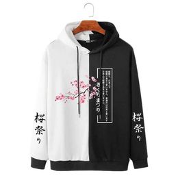 Men's Hoodies Sweatshirts New Mens Pullover Hoodie Sakura Sweater Spring and Autumn Japanese 3D Printing Two tone Patch Work Hoodie S-4XL Q240506