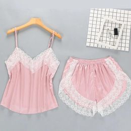 Women's Sleepwear Sexy Satin Pyjama Set White Lace V-Neck Pyjamas Sleeveless Cute Cami Top And Shorts