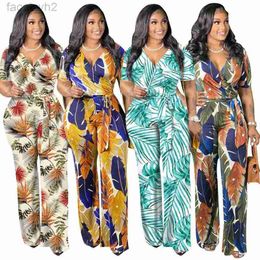 Women's Two Piece Pants large women's new printing V-neck strap sexy Jumpsuit women's wear size plus sexy Sets