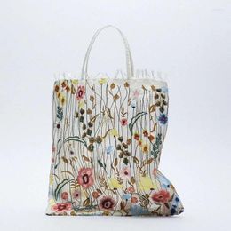 Shoulder Bags Women Transparent Tote Mesh Cloth Bag Embroidery Handbag Cute Flower Tulle Fruit Female Purse Shopping Large Capacity