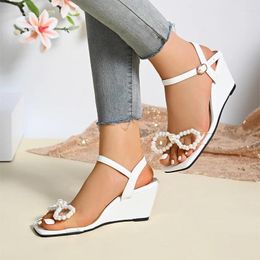 Sandals Bow Beaded Women High Heels Wedges Shoes 2024 Designer Square Toe Slippers Summer Dress Party Pumps Zapatos Mujer Slides