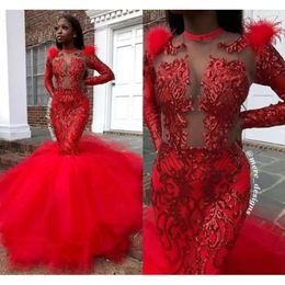 Dresses Red Sparkly Sequins Prom Long Sleeves Jewel Neck Illusion Feather Ruched Pleats Evening Juniors Graduation Party Gown Formal Ocn Wear Custom Made