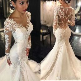 Long 2021 Mermiad Sleeves Dresses Lace Applique Sexy Illusion Covered Buttons Back Scoop Neck Beach Wedding Bridal Gown Vestidos