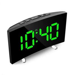 Clocks New Digital Alarm Clock LED Curved Surface Mirror Electronic Night Mode Snooze Desktop Table Clocks for Home Decoration Bedside