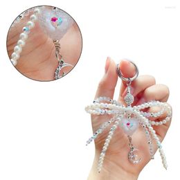 Keychains Crystal Beaded Phone Lanyard Bowknot Heart Pendant Wrist Strap Bows Charm Keyring Portable Accessory For Women