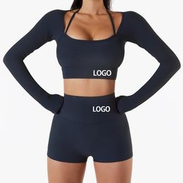 Customised Yoga Sets Women Workout Sportswear Gym Clothing Ribbed Fitness Long Sleeve Crop Top High Waist Leggings Sports Suits 240425