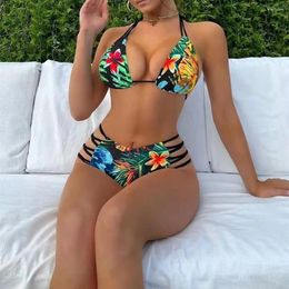 Women's Swimwear Sexy Cut Out Strappy High Waisted Bikini Women Female Swimsuit Two-pieces Set Bather Floral Bathing Suit Swim