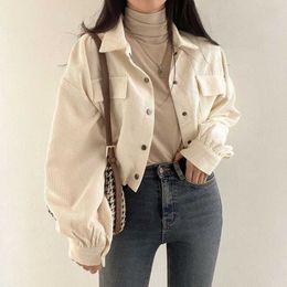 Women's Polos Rimocy Chic Pockets long sleeved cropped shirt suitable for women Corduroy Drawstring short jacket Korean women wild solid Colour jacketL2405