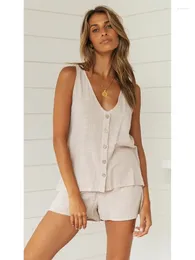 Women's Tracksuits Two-suit Sexy V-neck Button-up Vest Fashion Casual Shorts Suit Summer Solid Office Party Holiday Lady Sets 2024