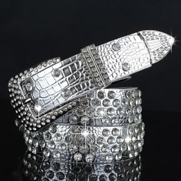 New fashion luxury designer diamond zircon silver leather belt for female women girls 110cm 3 6 ft pin buckle 225V