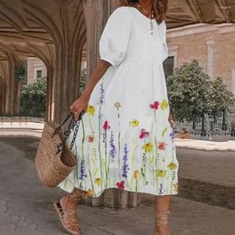 Party Dresses Summer Women Dress Digital Floral Print Bubble Sleeve O Neck Loose Mid-calf Length Casual Daily Wear Vacation Midi