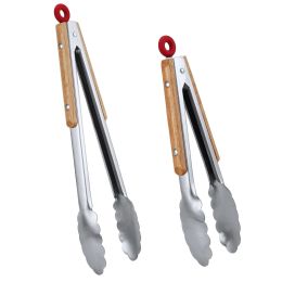 Grills Leeseph Stainless Steel Kitchen Tongs, 9" and 12" Locking Metal Food Tongs with Wooden Grips, Barbecue Tongs for Pans and BBQ