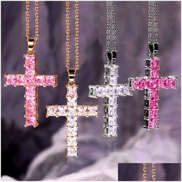 Pendant Necklaces Cross Design For Women Iced Out With Gold Sier Link Chain Copper White Pink Cubic Zirconia Cz Choker Necklace Fash Dhfza