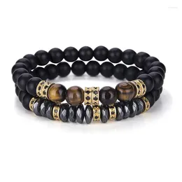 Charm Bracelets Luxury 2Pcs/Set Men Zircon Bracelet Black Onyx Stone Beads Braslet Natural Hematite Tiger Eyes Braclet Armband Herren