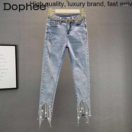 Women's Jeans Spring 2024 Rhinestone Fringed Pencil Stretch Slim High Waist Light Blue Ripped Women Denim Pants Female Trouses