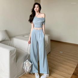 Women's Two Piece Pants Pure Sexy Girl Suit Summer Irregular Off Shoulder Top Casual Wide Leg Two-piece Set Fashion Female Clothes