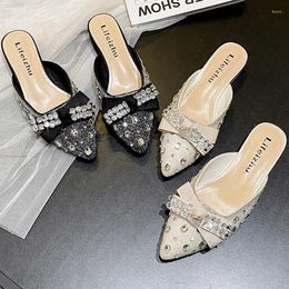 Slippers 2024 Women 3.5cm High Heels Fashion Outside Slides Lady Bling Rhinestone Crystal Low Female Luxury Sequin Bow