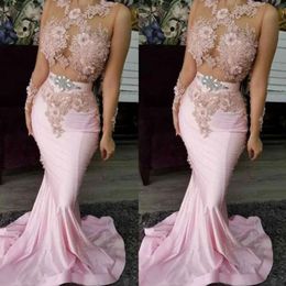 Klänningar sexiga 2021 rosa prom illusionskroppar med 3D blommig applikation pärlstav kristaller sjöjungfrun satin skräddarsydd kvällsfest klänningar vestido