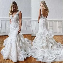 Dresses 2024 Mermaid Bridal Wedding Gown V Neck Ruffles Lace Applique Sexy Backless Custom Made Beach Satin Plus Size Vestido De Novia estido