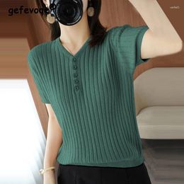 Women's T Shirts Women Fashion Elegant Simple V Neck Short Sleeve Ribbed Knitted T-shirt 2024 Summer Casual Solid Basic Pullover Tops Ropa