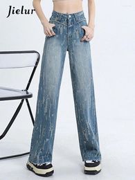 Women's Jeans Blue Distressed Summer Straight Fashion Female Office Lady High Waist Vintage Solid Colour Chic Women Wide Leg Pants