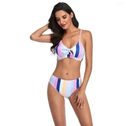 Women's Swimwear Stripe Print Split Bikinis Set Swimsuit 2024 High Waisted Plus Size Women
